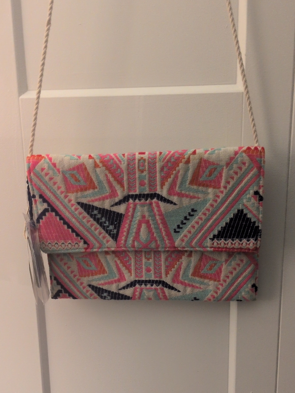 Grace & Lace Embroidered Aztec Fold-Over Crossbody Clutch in Pink & Teal